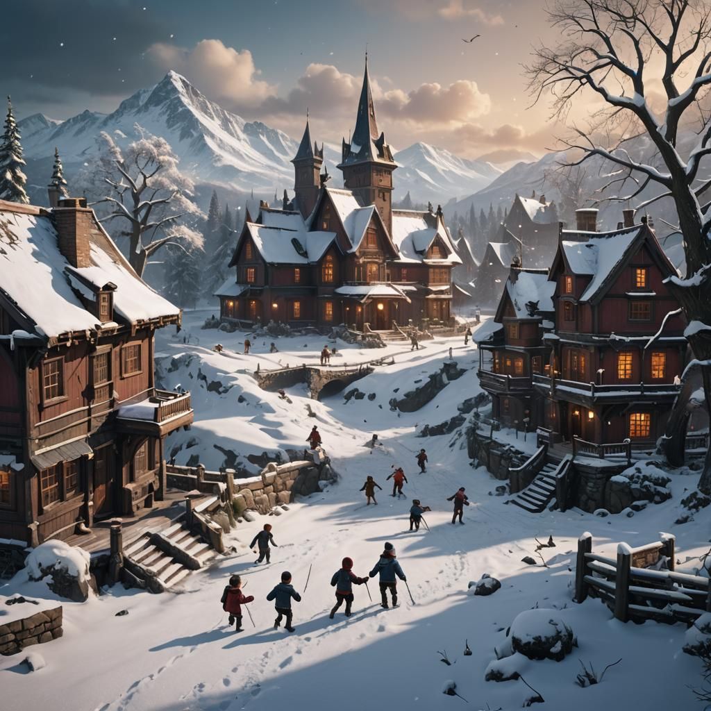 Children Playing in Snow: Detailed Matte Painting