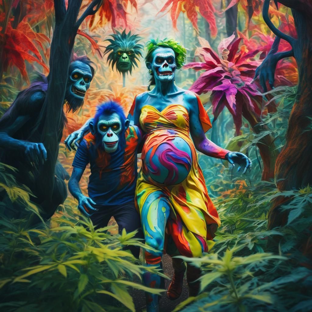 Pregnant Zombie Monkey Monster Couple in Fauvist Forest