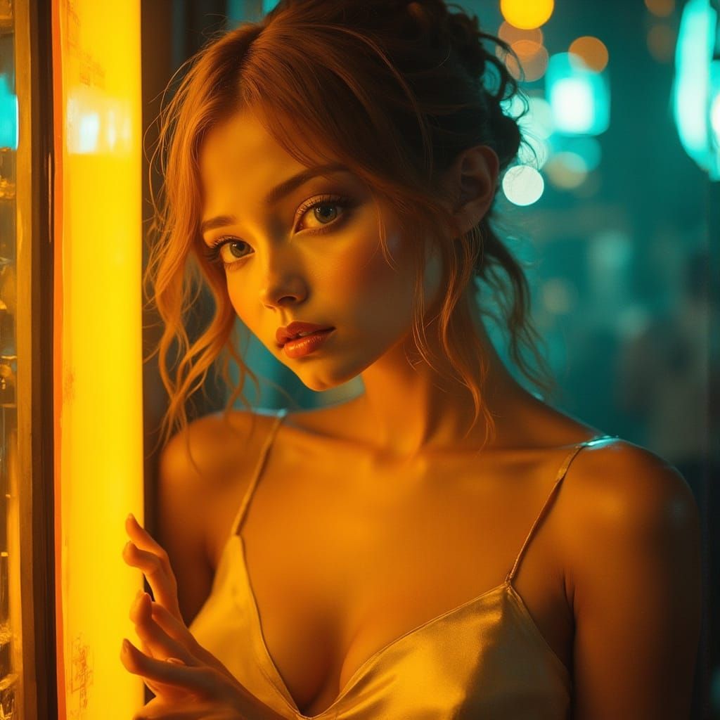 Woman Posing by Jukebox in Film Noir Style