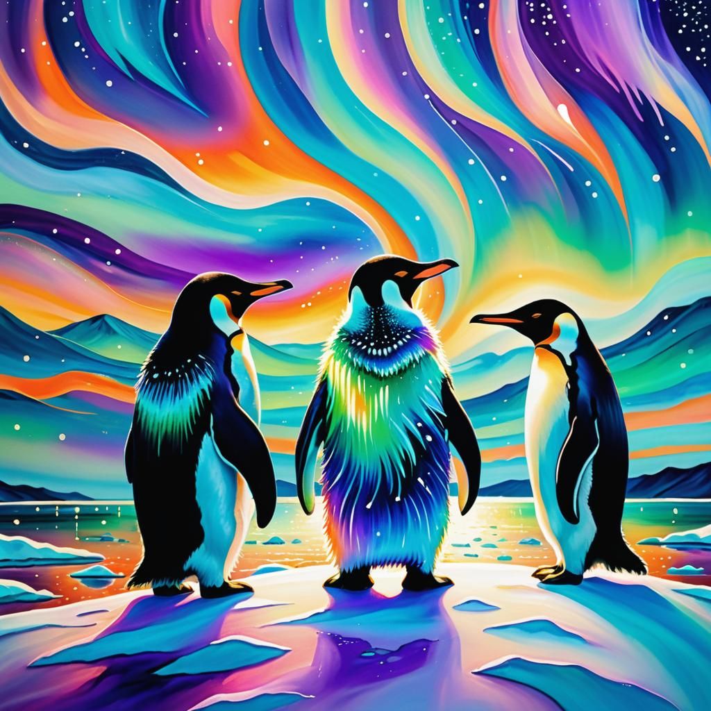 Eskimo and Penguin Admiring Northern Lights, Abstract Art