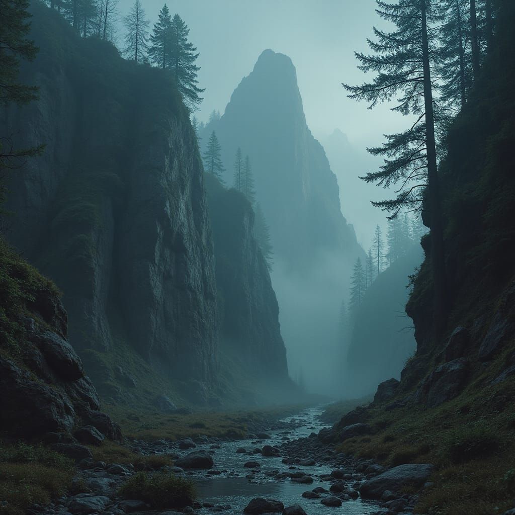 Mystical Fantasy Landscape with Dark Cliffs and Forests