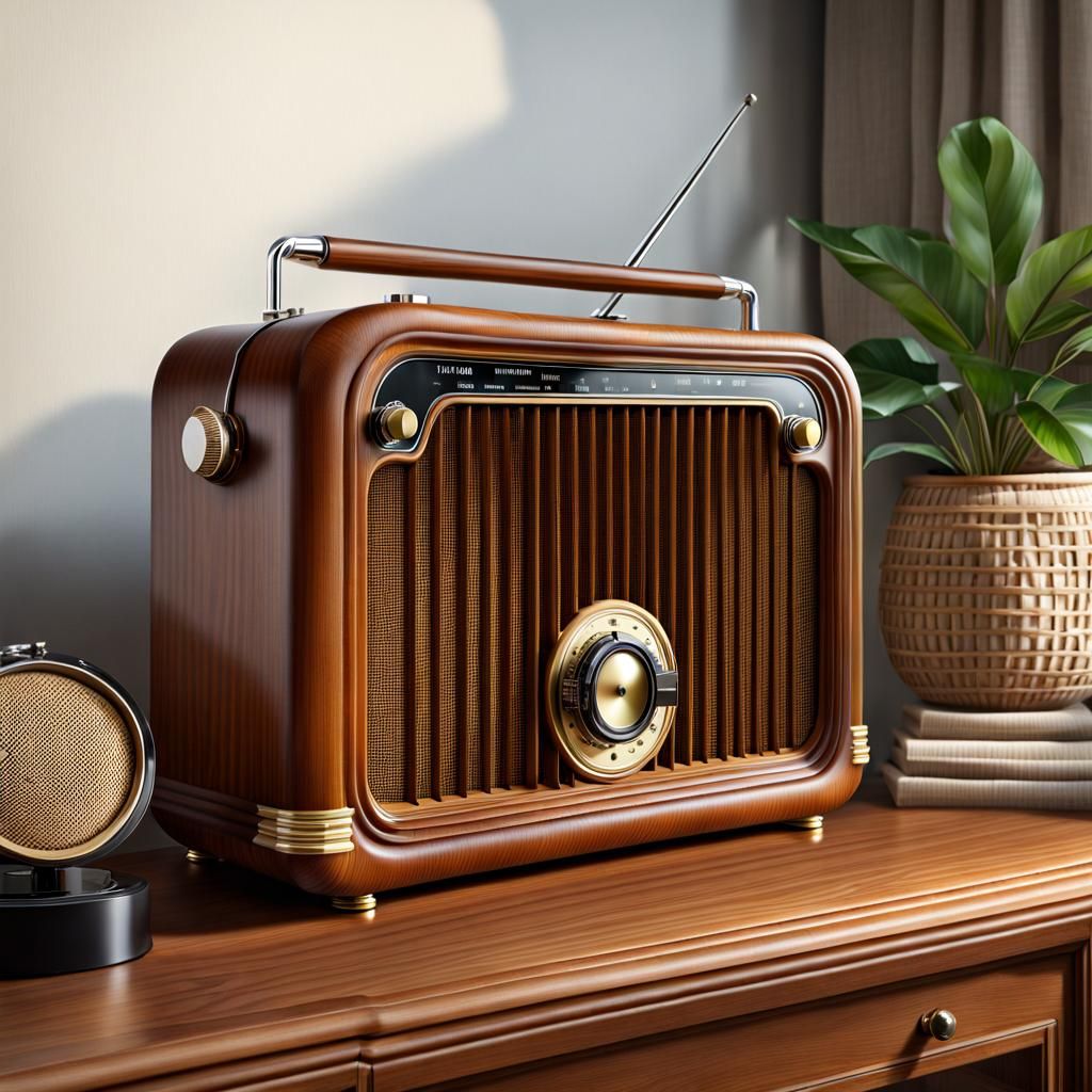 Vintage Wooden Radio in Living Room, Photorealistic