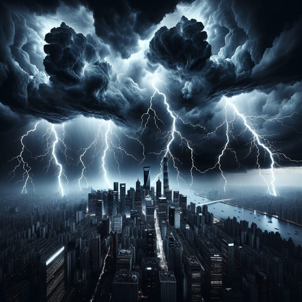 Dramatic Lightning Storm over City Skyline