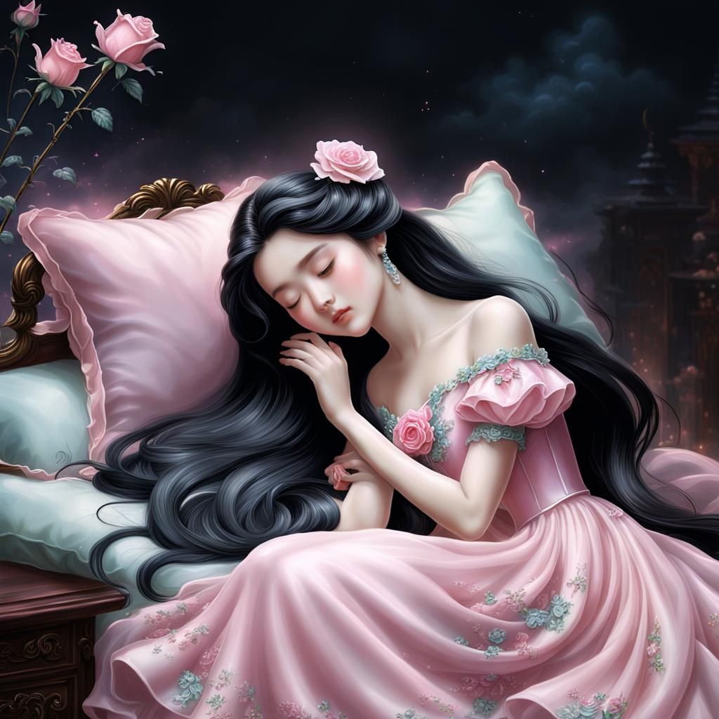 Ethereal Sleeping Beauty with Roses in Fantasy Style