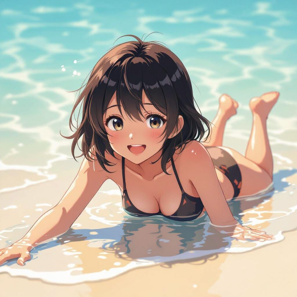 Anime Girl on Beach with Foreshortening