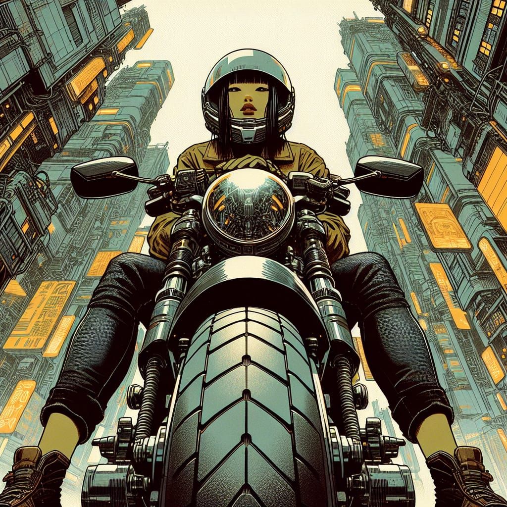 Cyberpunk Biker in Dystopian Sci-Fi Cityscape