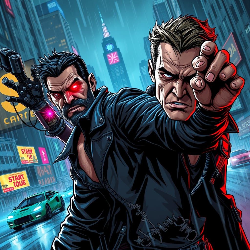 Gritty Cyberpunk Hero Battles Cybernetic Villain in Rainy Ci...