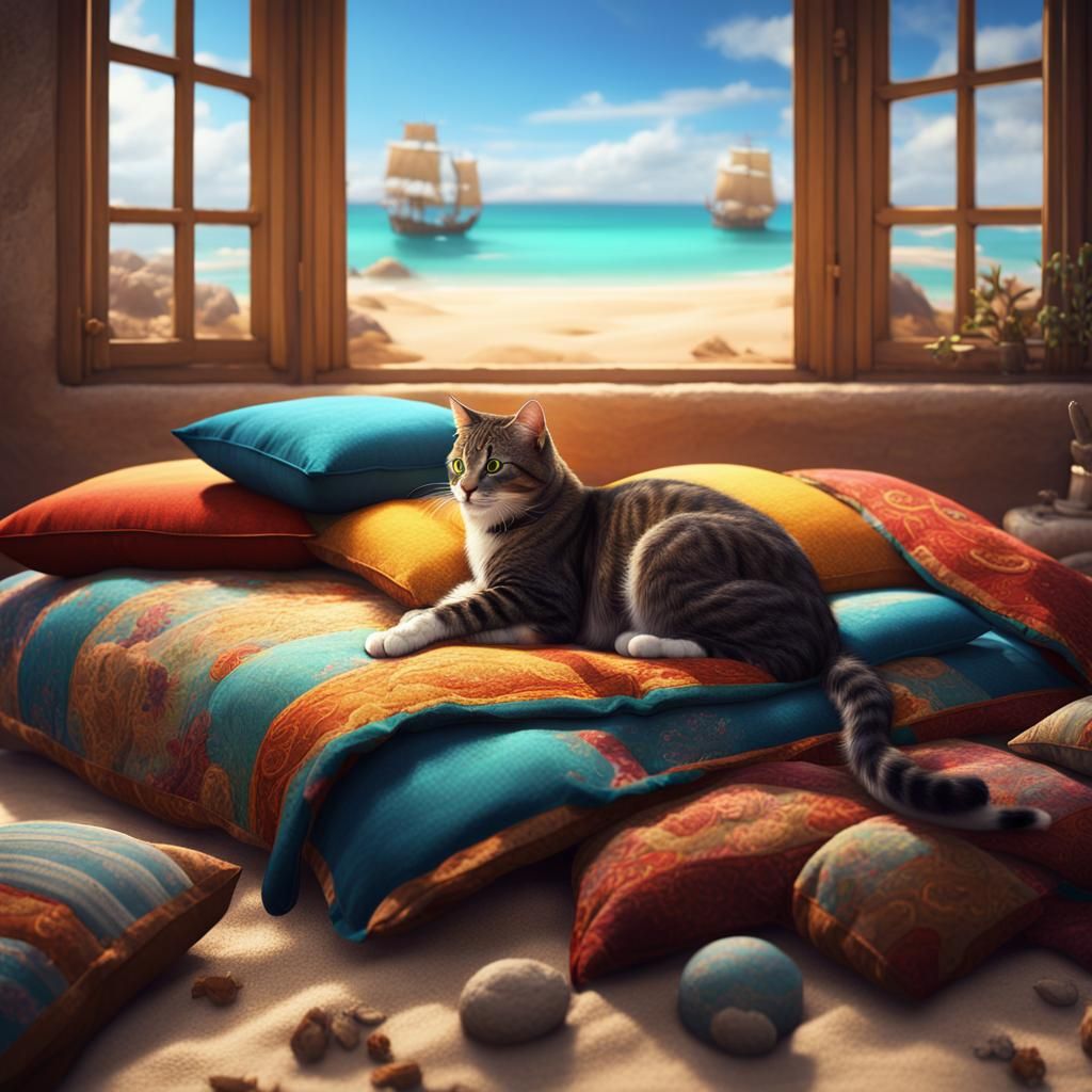Cats Relaxing on Bed Overlooking Beach in Fantasy Art