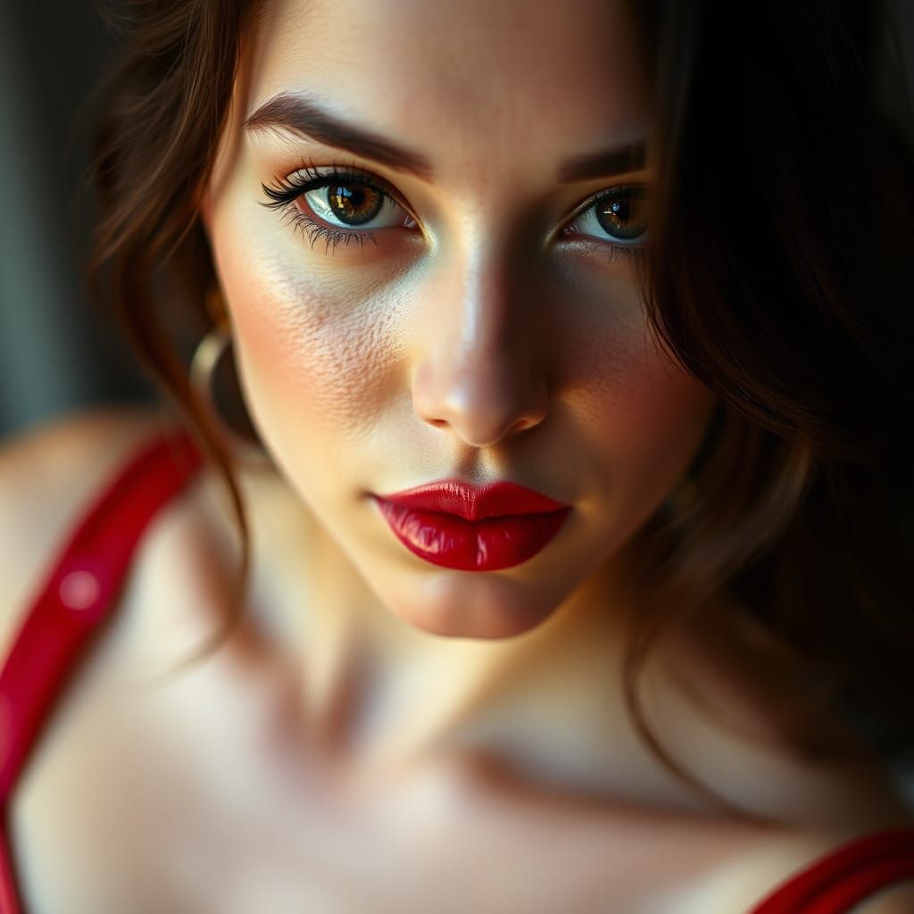 Striking Close-Up of Woman in Red Latex Dress