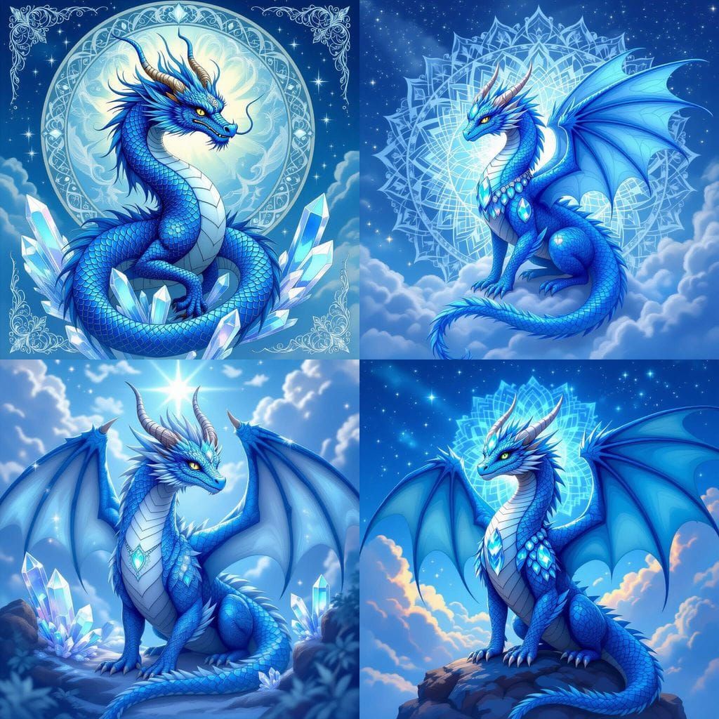Blue Guardian Dragon with Mandala and Crystals