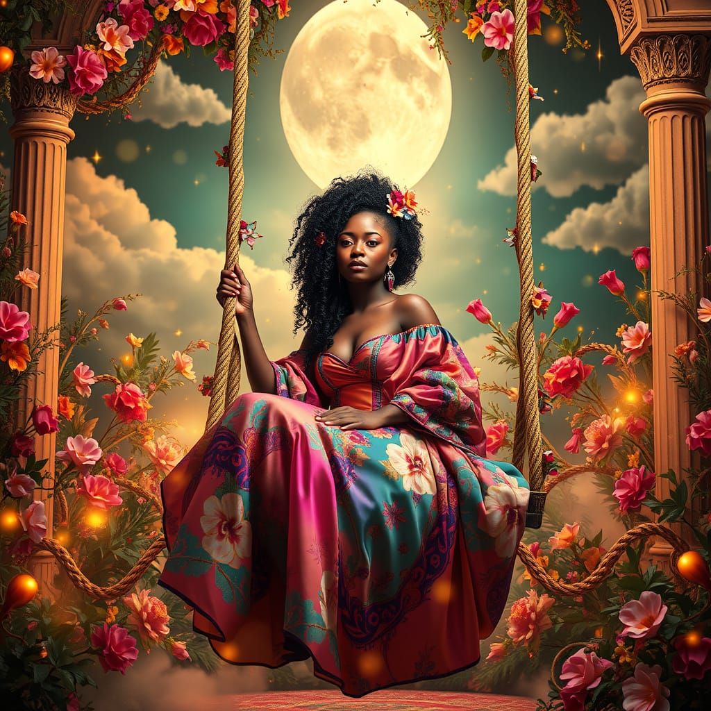 Dreamlike Goddess in Vibrant Gown Sits on Whimsical Swing Am...