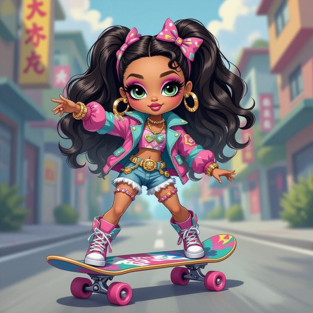 Bratz Doll Rides Skateboard in Stylized Environment