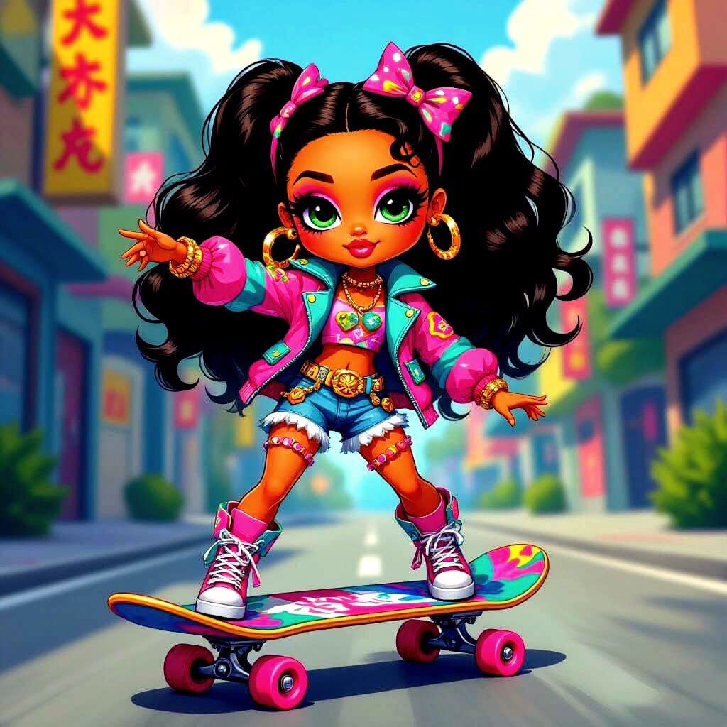 Bratz Doll Rides Skateboard in Pop Surrealist Style