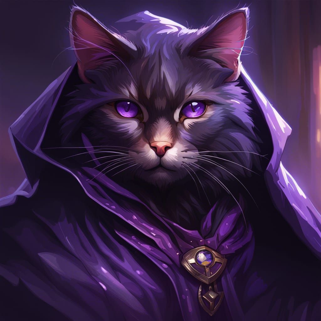Purple-Eyed Cat in Cloak: Fantasy Art Portrait