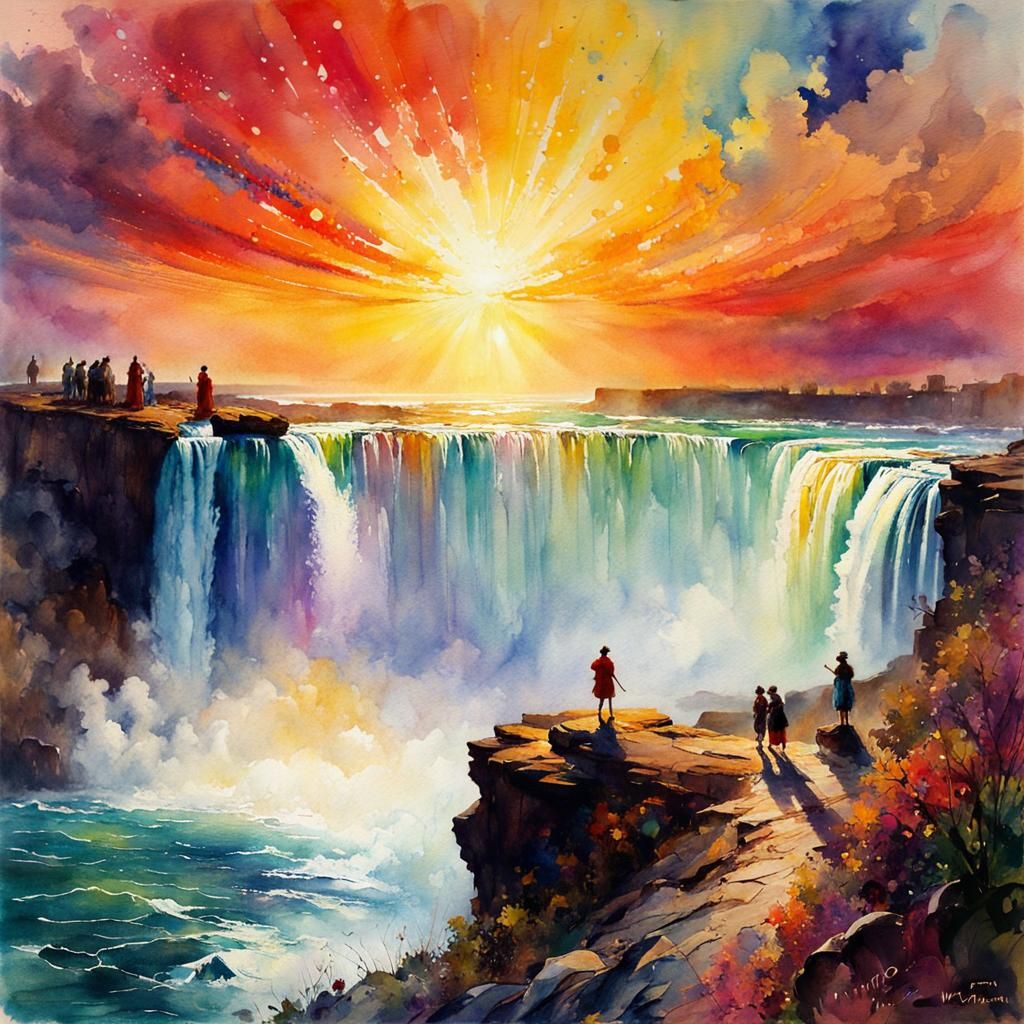 Cosmic Sunset Over Niagara Falls Watercolor Art