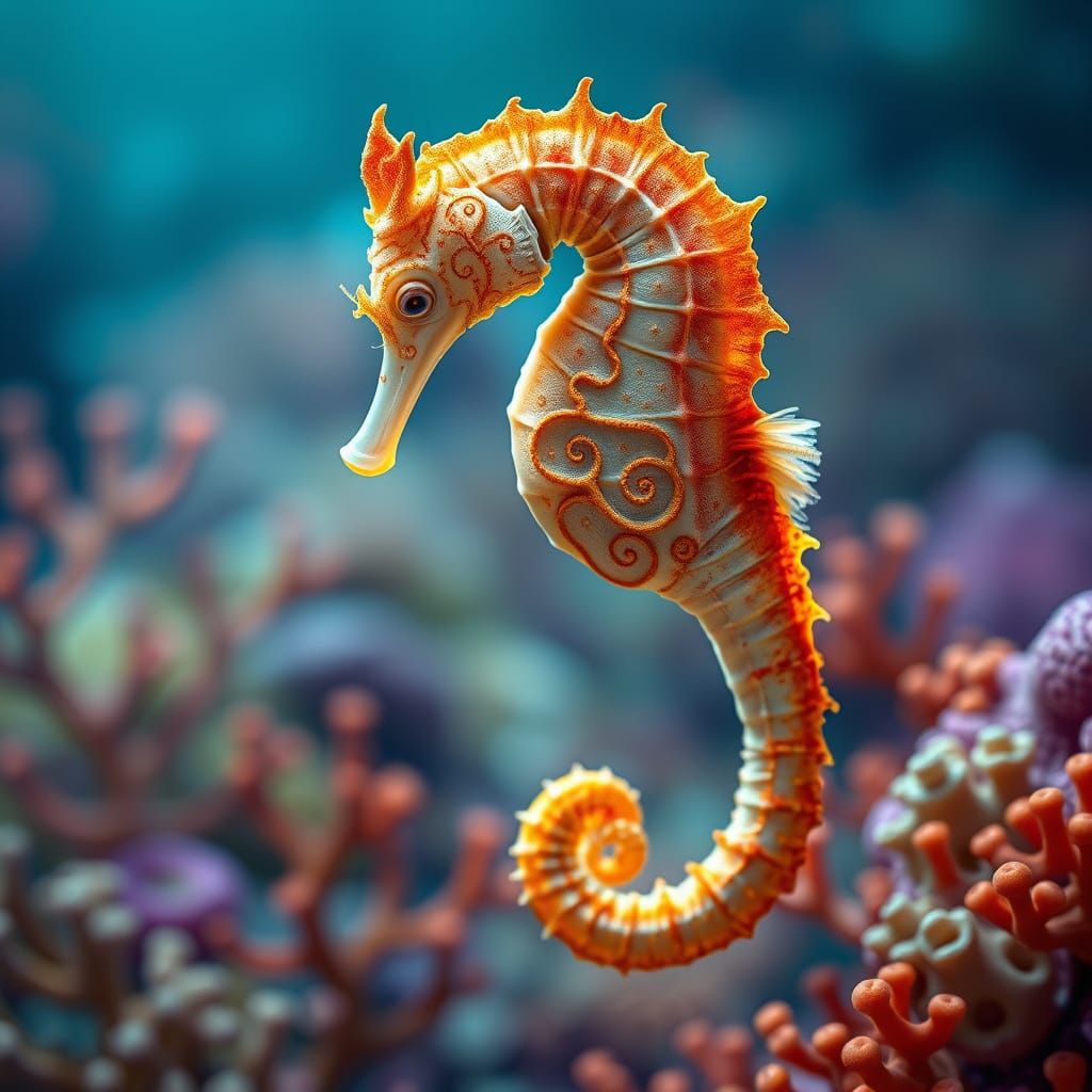 Graceful Seahorse in Coral Reef, Fantasy Art