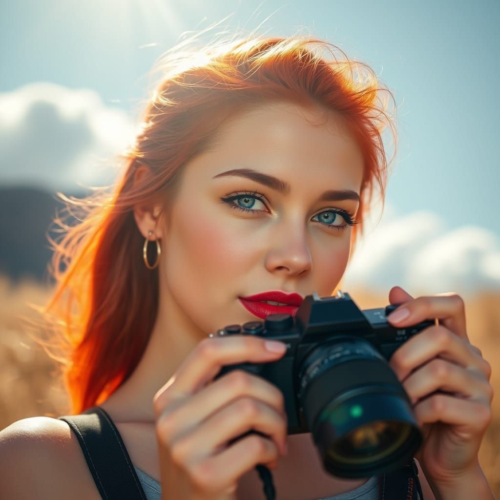 Surreal Young Woman Captured in Whimsical Sunny Day Scene