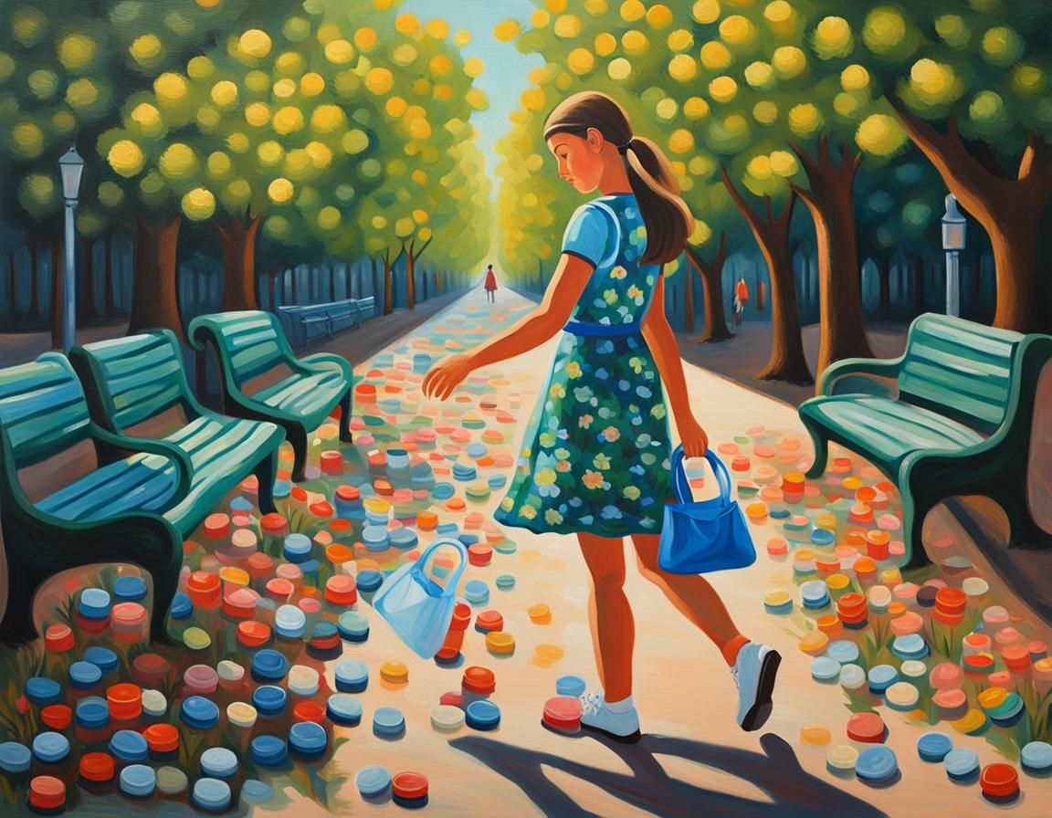 Girl Collecting Caps: Naive Art Oil Painting