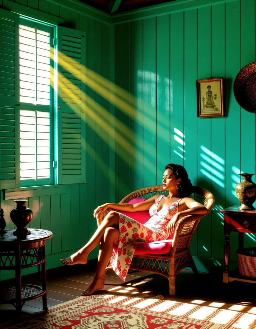 Polynesian Woman in Sunlit Colonial Room, Painterly Style