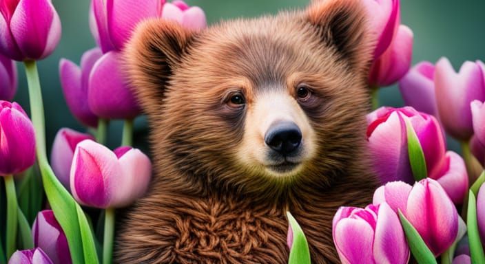 Photograph Portrait of a super fuzzy Real Baby bear covered in Tulips