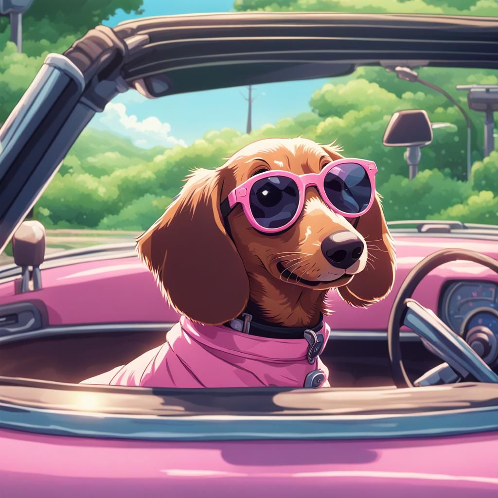Dachshund in Pink Convertible, Anime Style