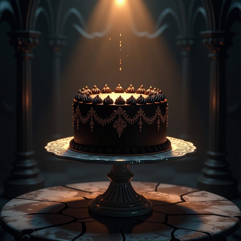 Ornate Chocolate Cake on Pedestal in Gothic Chamber