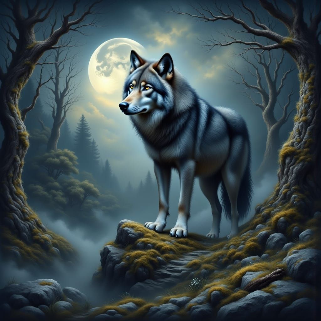 Gray Wolf Under Midnight Moonlight in Mystical Realism