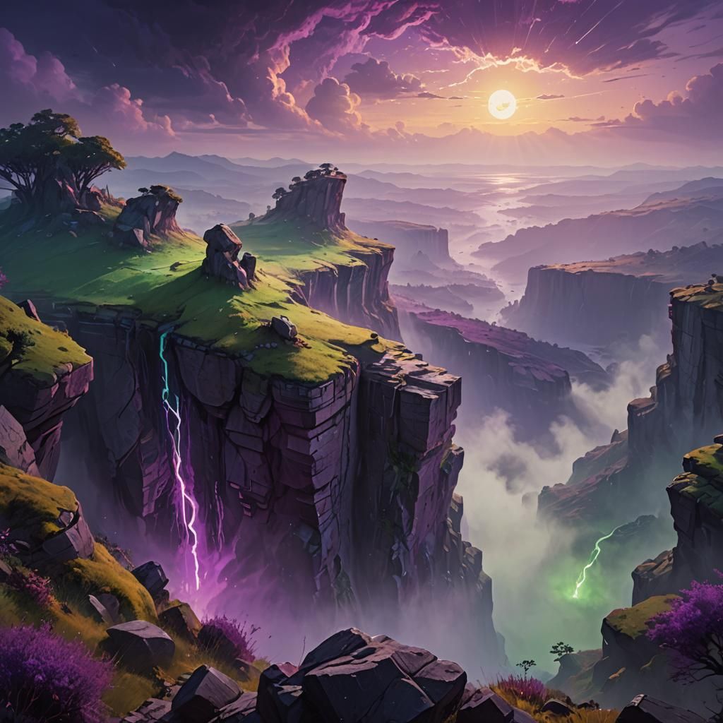 Cliffside View of Purple Fog with Green Energy