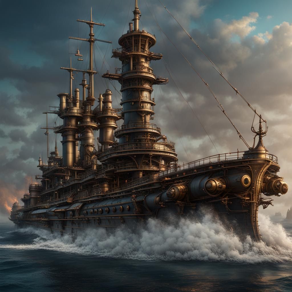 1890s Battleship with Turrets: Detailed Matte Painting