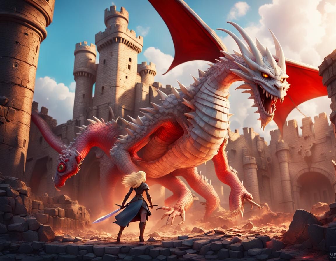 Warrior Princess and Mechanical Dragon in 3D Art