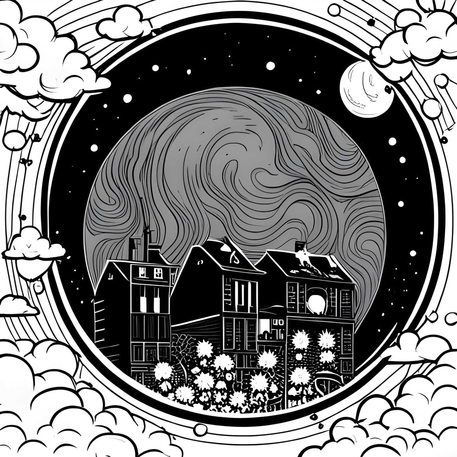 Monochrome Starry Sky Line Art in Vector Style