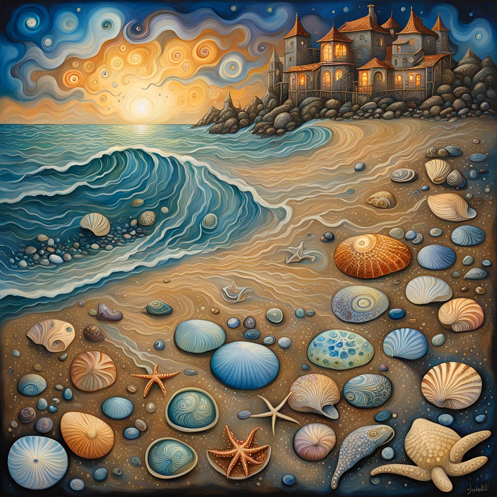 Revealing Wave with Shells in Impasto Style