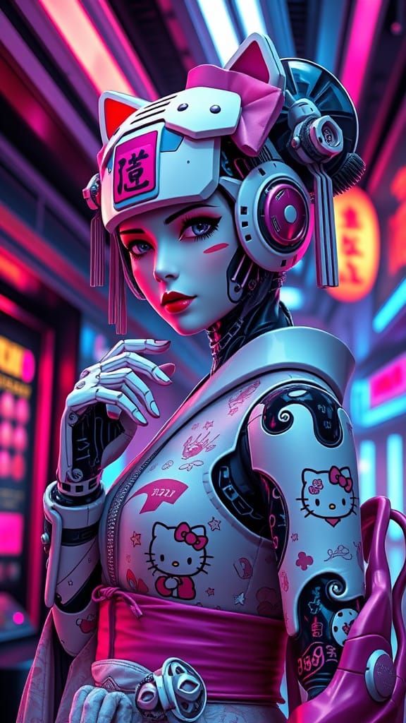 Robotic Geisha with Tattoos in Comic Book Style