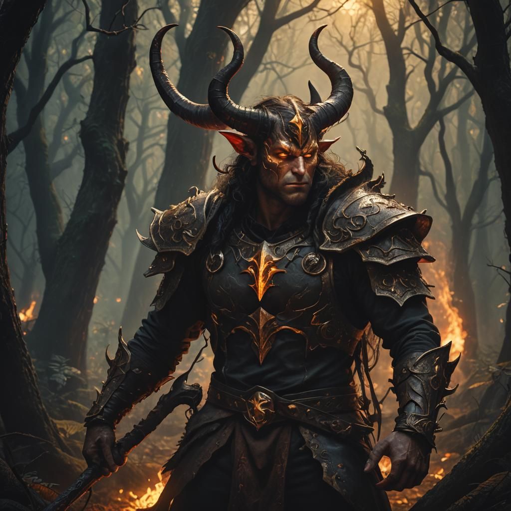 Male Tiefling in Mystical Forest, Fantasy Illustration