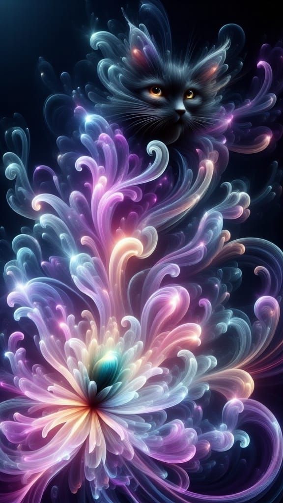 Midnight Black Cat Contemplates Enchanted Rose in Crystal Ba...