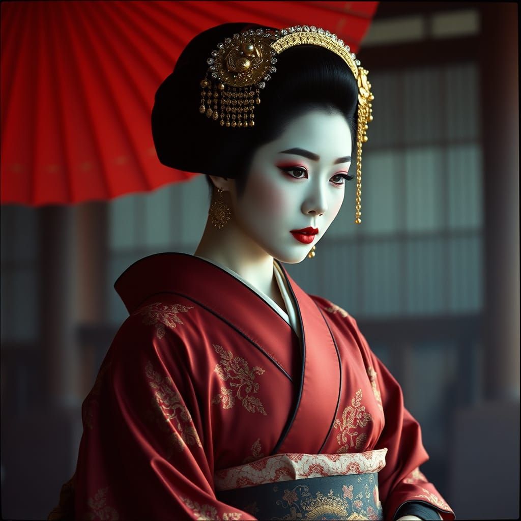 Kabuki Geisha in Exquisite Dark Red and Black Kimono