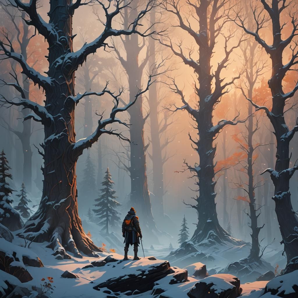 Lone Adventurer in Mystical Forest, Fantasy Concept Art