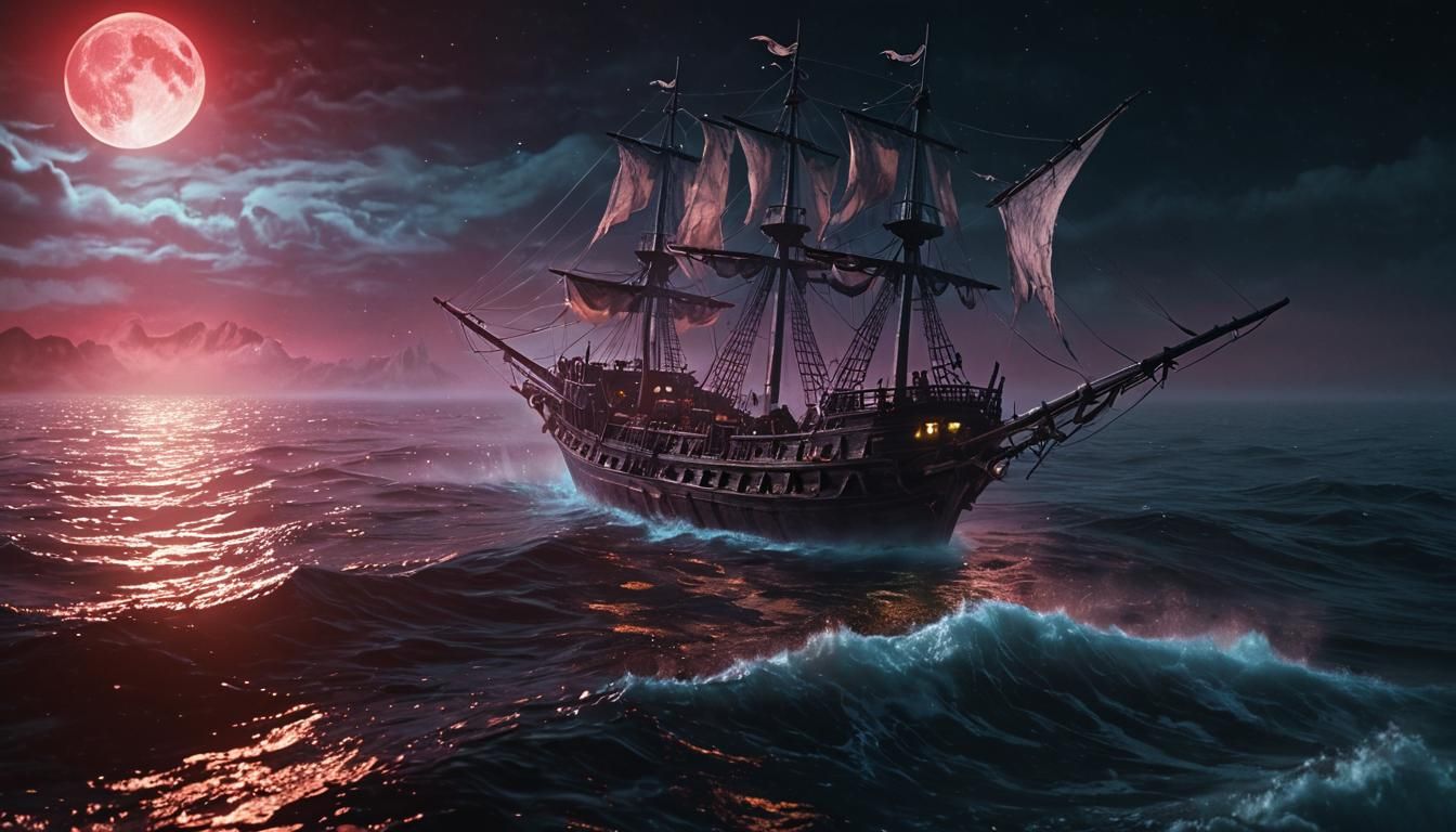 A ghost pirate ship made completely out of iridescent mist s...