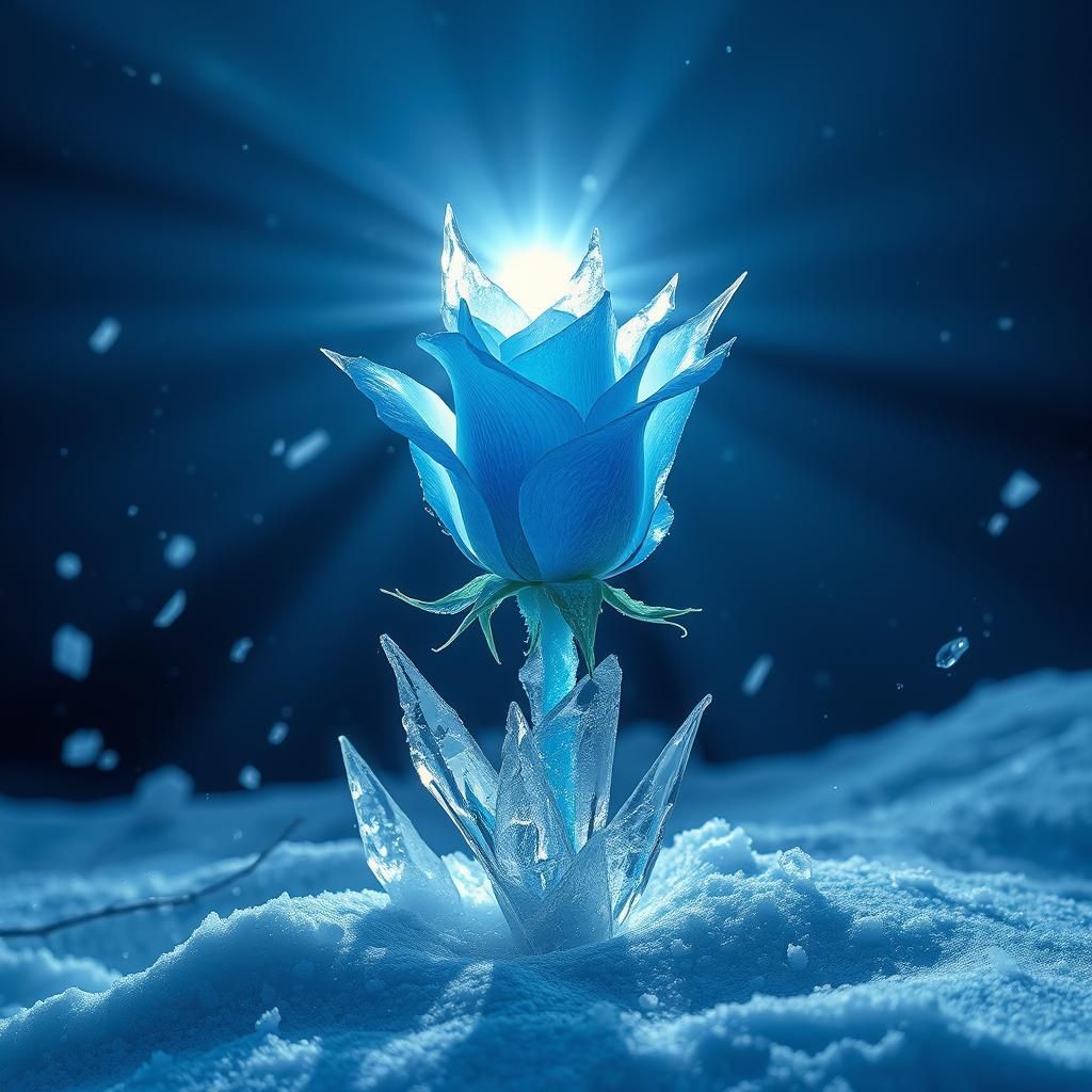 Frozen Blue Rose Encased in Ice Shards