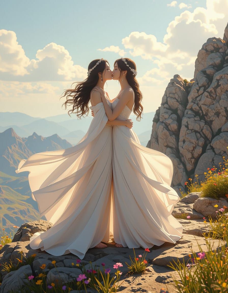 Two Women Embrace Atop Rocky Cliff, Anime Style