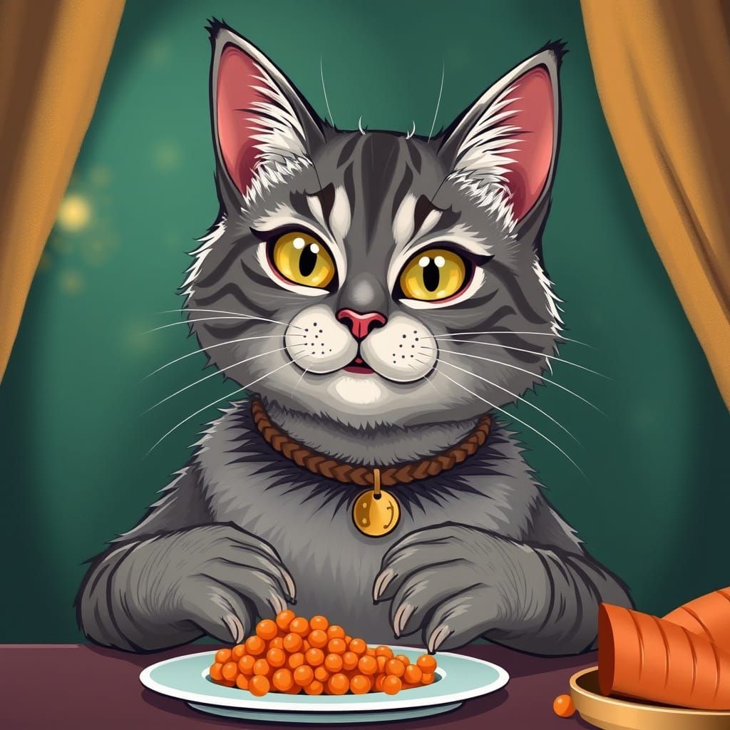 Glamorous Grey Tabby Cat Savoring Caviar in a Whimsical Cart...