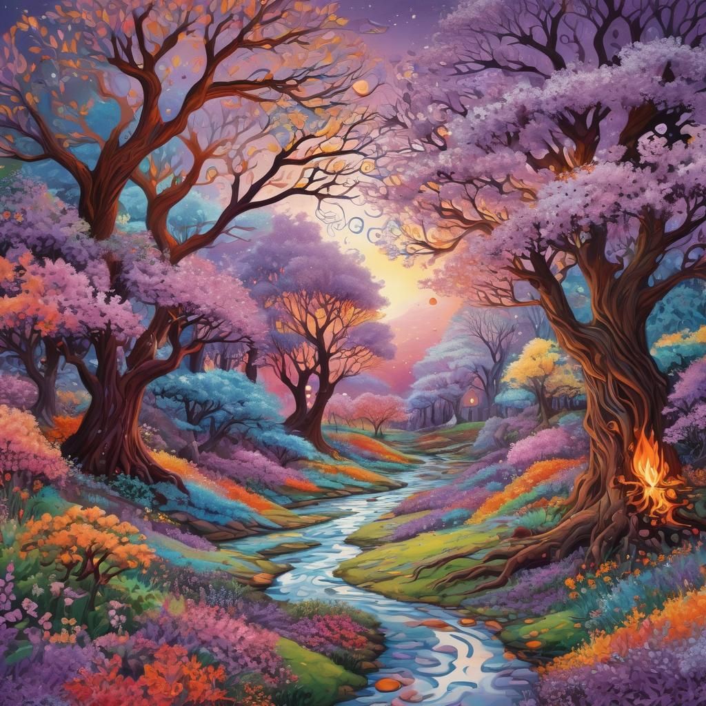 Winter Hearth Through Lilac Tree: Gouache Candyland