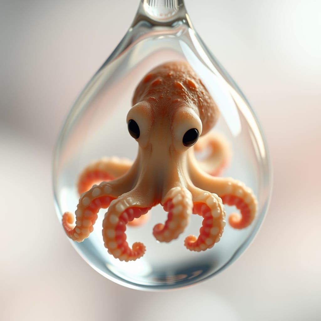 Calm Octopus in a Glimmering Water Droplet