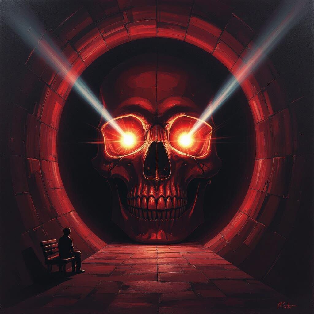 Crimson Black Tunnel to Glowing Skull Painting