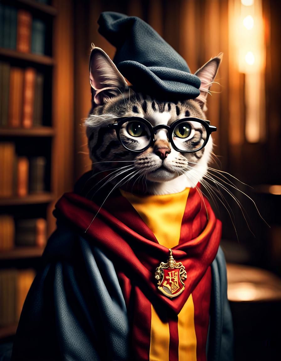 Cat in Harry Potter Gryffindor Attire Watercolor