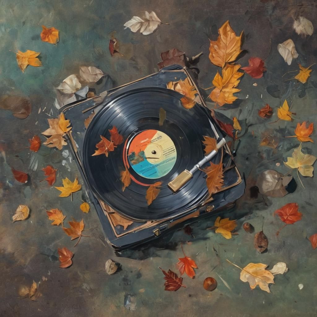 Vinyl Record on Gramophone in Autumnal Gouache Masterpiece