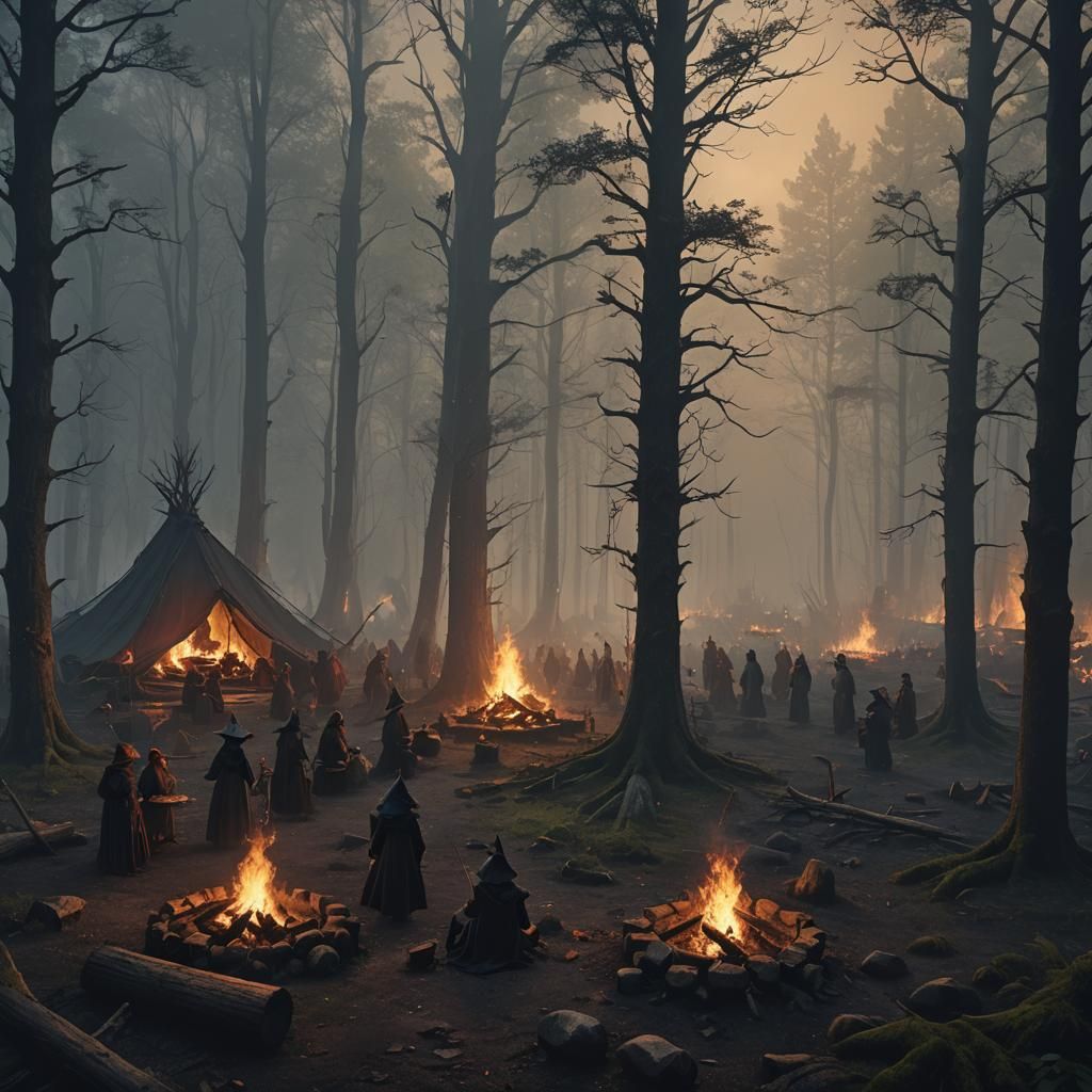 Witches Gathering in Dark Erie Forest, Fantasy Art