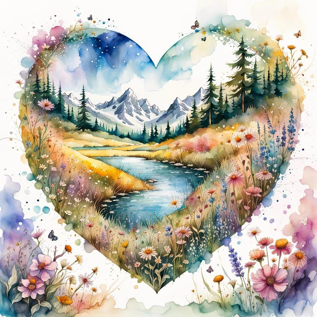 Watercolor Heart: Flower Meadow Fantasy Landscape