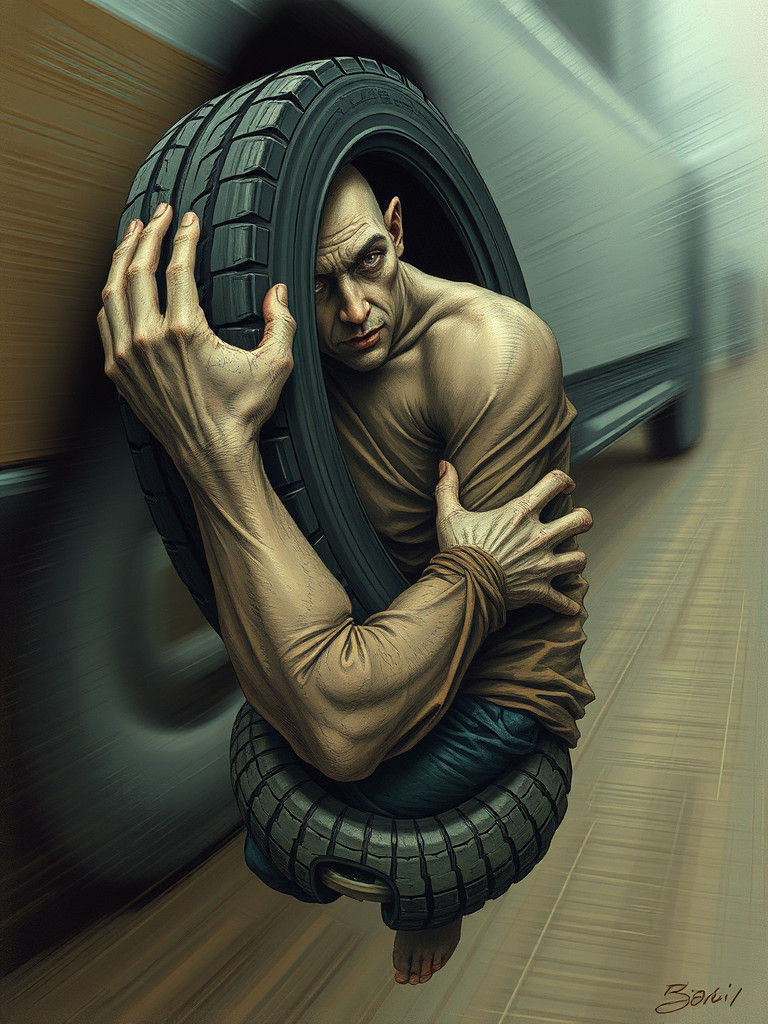 Surreal Tire Person in Dreamlike Illustration Style