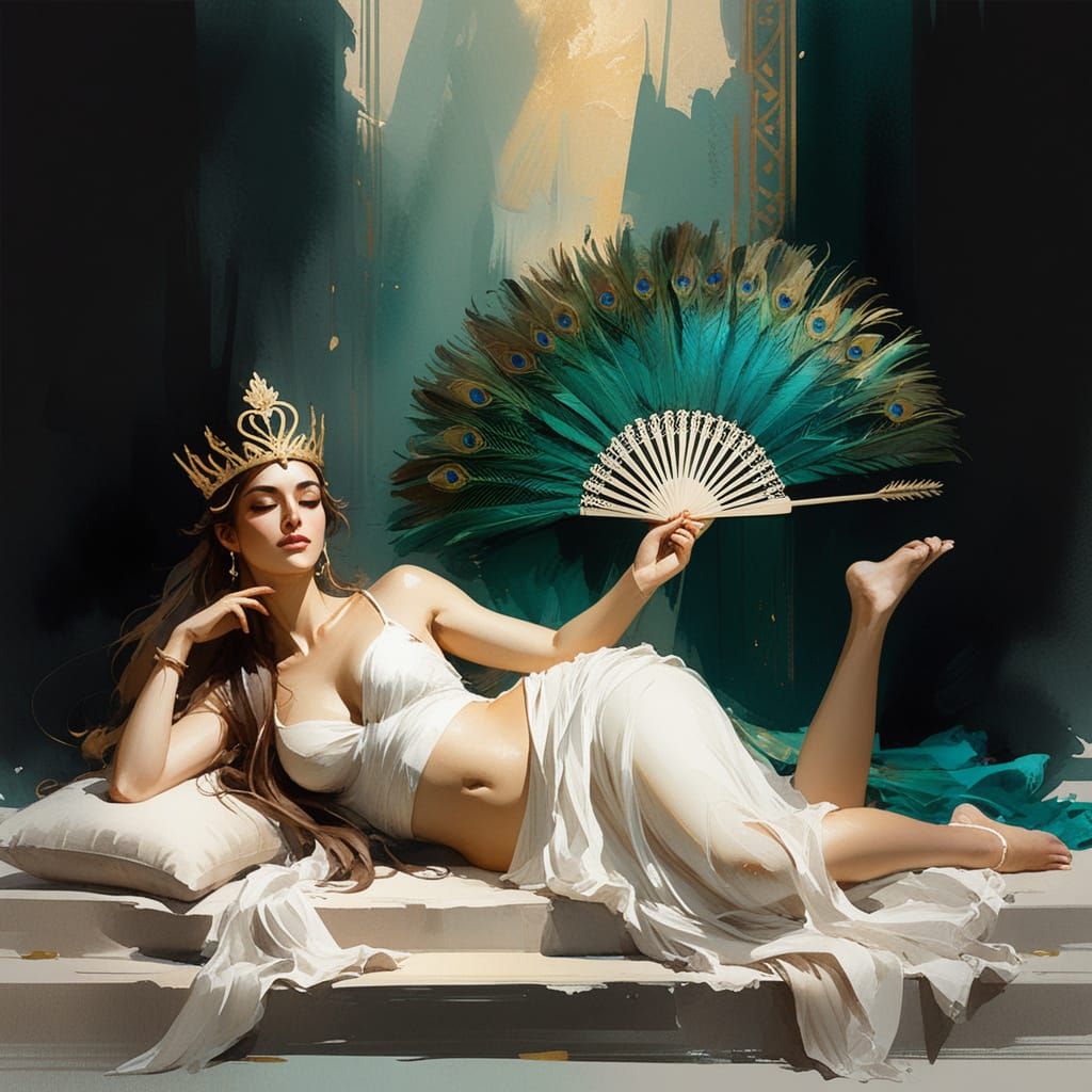 Hera in Detailed Watercolor Sketch: Greek Goddess with Peaco...